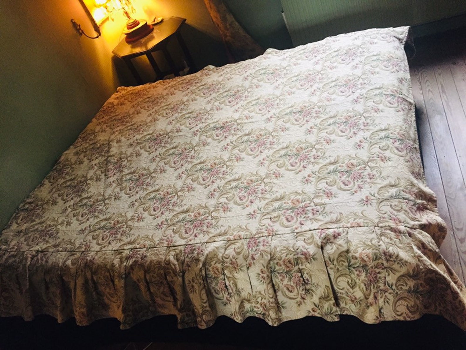 Antique Bedspread W Flounce Floral Tapestry Fabric Edwardian Etsy UK