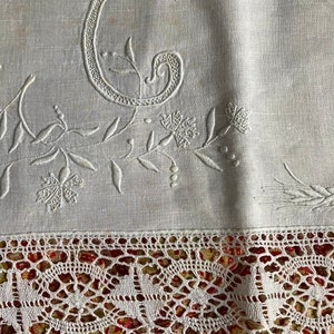 Antique embroidered bedsheet with monogram and wide bobbin lace trim shabby chic precious French dowry linen Edwardian etiquette chateau image 5