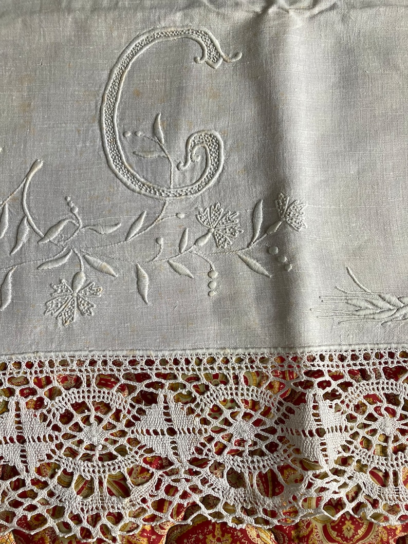 Antique embroidered bedsheet with monogram and wide bobbin lace trim shabby chic precious French dowry linen Edwardian etiquette chateau image 5