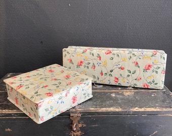 Set of 2 assorted antique French boudoir box floral fabric Liberty style romantic bourgeoise home brocante jewel glove trinket handkerchief