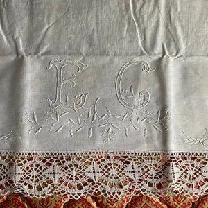 Antique embroidered bedsheet with monogram and wide bobbin lace trim shabby chic precious French dowry linen Edwardian etiquette chateau image 1