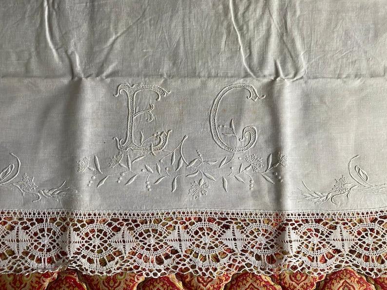 Antique embroidered bedsheet with monogram and wide bobbin lace trim shabby chic precious French dowry linen Edwardian etiquette chateau image 1