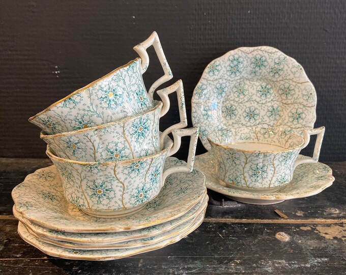 Set 5 Antique Big Breakfast Tea Coffee Cup With Saucer French Victorian