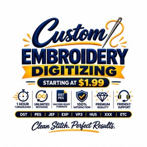 Puede incluir: Un diseño gráfico con el texto Custom EMBROIDERY DIGITIZING y STARTING AT $1.99. Iconos representan 1 hora de entrega, revisiones ilimitadas, formatos de máquina, satisfacción, calidad y soporte. Formatos: DST, PES, JEF, EXP, VP3, HUS, XXX, ETC. Texto: Clean Stitch. Perfect Results.