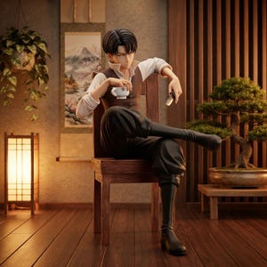 May include: A detailed anime-style figurine of a character with dark hair, wearing a white collared shirt, a brown vest, and black trousers tucked into tall black boots. The figure sits on a wooden chair, holding a small white teacup in one hand.