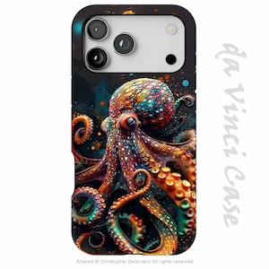 May include: A black phone case featuring a colorful octopus design. The octopus has a vibrant array of colors, including orange, blue, and green. The case has the text "da Vinci Case" in white on the right side.