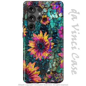 May include: A smartphone case featuring a vibrant mosaic pattern of cracked teal and blue tiles interspersed with bright yellow and magenta sunflower-like blossoms. The text da Vinci Case is printed vertically on the right side of the design.
