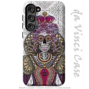 May include: A phone case with a colorful design featuring a skeleton wearing a crown and floral decorations. The background is a white and gray pattern.