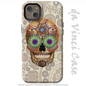 Dual layer case for iPhone 14 / iPhone 14 Plus / iPhone 14 Pro and iPhone 14 Pro Max - Sugar Bone Skull Paisley Day of the Dead Art