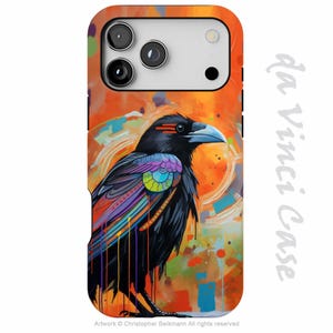May include: A phone case featuring a vibrant illustration of a black raven with colorful wing details against an orange and yellow background. The case has a glossy finish and includes the text "da Vinci Case" and "Artwork © Christopher Beikmann All rights reserved."