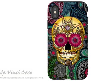 Paisley Sugar Skull iPhone X / XS / XS Max / XR Tough Case - Dia De Los Muertos Dual Layer Case - Sugar Skull Paisley Garden