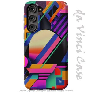 May include: A colourful phone case with a geometric design featuring a large circle with a gradient of pink, orange, and yellow. The case has a black background with bright blue, green, and purple accents.