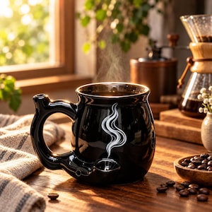 Puede incluir: Una taza de cerámica negra brillante con un hornillo de pipa integrado en la parte frontal y un diseño gráfico blanco que simula humo. La taza tiene un asa curva y un borde ancho, diseñada para contener bebidas calientes.