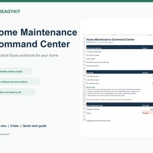 Op de afbeelding: Een digitaal Home Maintenance Command Center Excel-werkboek van MYREADYKIT. De interface toont secties voor What needs attention, Spending en Next maintenance task. Bevat 20 bewerkbare starttaken, 8 tabbladen en een snelstartgids.