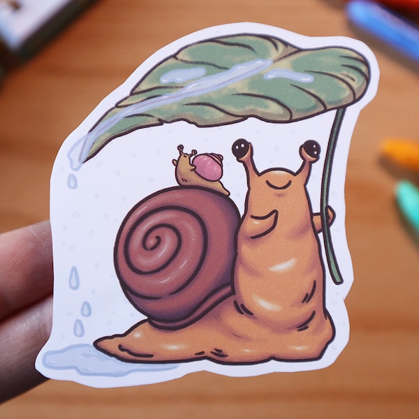 sticker : snail shelter  ** snails rain leaf leaves * matte vinyl