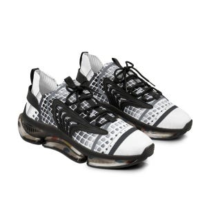 May include: A pair of athletic trainers featuring a white and grey grid pattern on the upper, black lace-up closures, and black structural overlays. The shoes have a thick, translucent, and black segmented sole unit with visible internal cushioning.