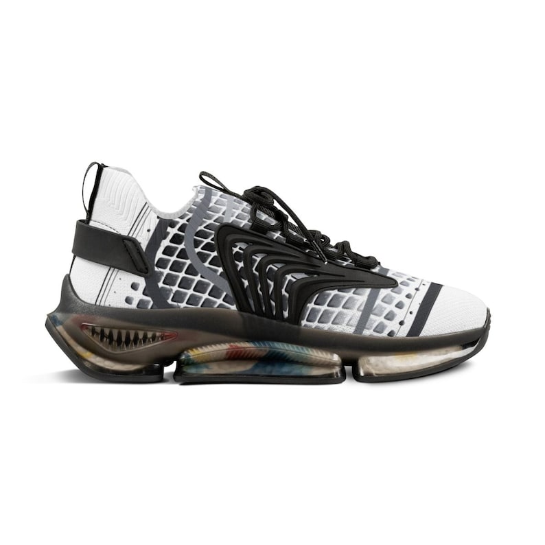 May include: A white trainer featuring a black grid pattern, black lace-up closure, and a black structural overlay on the side. The sole is translucent and dark, with a visible multi-coloured interior section and a jagged, shark-tooth-like design detail.