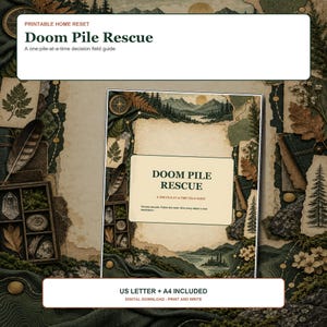 Puede incluir: Una guía de organización imprimible titulada Doom Pile Rescue, una guía de campo para tomar decisiones pila por pila. El documento presenta un borde con temática natural con ilustraciones de montañas, bosques, hojas, plumas y cristales.