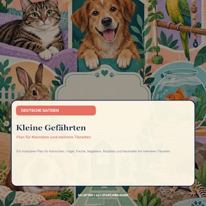 Può includere: Una copertina per agenda digitale intitolata Kleine Gefährten con illustrazioni di un gatto soriano, un cane dorato, un pappagallo verde, un coniglio e un pesce rosso. Il testo include DEUTSCHE DATEIEN, Kleine Gefährten, Plan für Kleintiere.