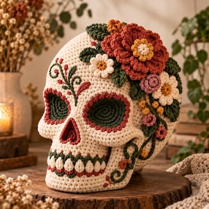 May include: A cream-colored crocheted skull decorated with dark green eye sockets, a red nose, and white teeth. The skull is adorned with a cluster of crocheted flowers in shades of red, pink, white, and yellow, along with green leaves and vines.