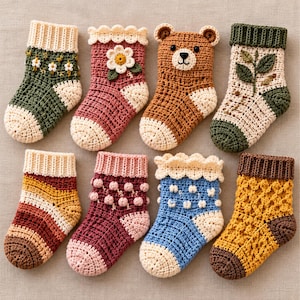 May include: Eight crochet socks arranged in two rows. Designs include a green floral sock, a pink sock with a white flower, a brown bear face sock, a cream sock with green leaves, a striped sock, a pink sock with bobbles, a blue sock, and a yellow sock.