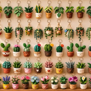 May include: A collection of miniature crocheted plant keychains arranged in a grid. Each keychain features a small potted plant, including succulents, cacti, and flowers, housed in various colored crocheted pots with attached metal key rings.