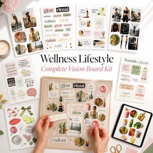 Puede incluir: Un kit de tablero de visión Wellness Lifestyle Complete que incluye varias hojas de pegatinas con texto motivacional, imágenes de fitness e iconos de bienestar, junto con un tablero de corcho y una tableta con gráficos de comida.