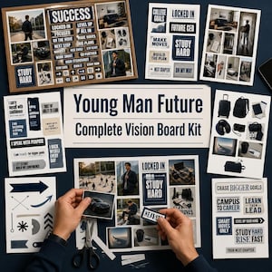 Könnte beinhalten: Ein Young Man Future Complete Vision Board Kit mit mehreren Bögen bedruckter Motivationssprüche, Lifestyle-Fotos und grafischen Symbolen in Marineblau, Weiß und Beige, die für die Erstellung einer individuellen Collage gedacht sind.