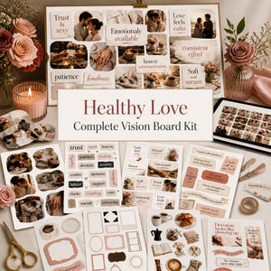 以下が含まれることがあります： Healthy Love Complete Vision Board Kitは、ロマンチックな画像、感動的なテキスト、装飾的なフレームが描かれた複数のステッカーシート、紙の切り抜き、ゴールドのハサミ、テープで構成されています。