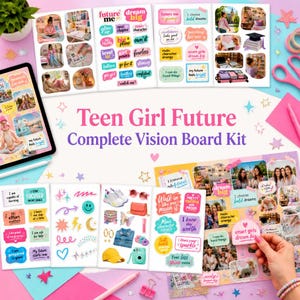 May include: A complete vision board kit for teens featuring multiple sticker sheets with motivational phrases like dream big and main character energy, alongside various photographic images, decorative icons, and a tablet displaying the kit contents.