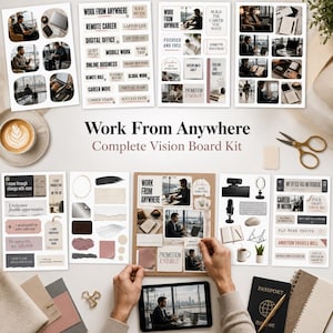 May include: A Work From Anywhere Complete Vision Board Kit featuring multiple sheets of stickers with professional imagery, motivational text, and office-themed graphics, alongside a tablet, scissors, and a passport on a desk surface.