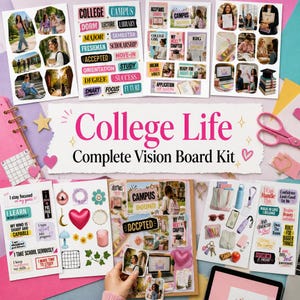 以下が含まれることがあります： 「College Life Complete Vision Board Kit」は、モチベーションを高めるフレーズ、大学をテーマにした画像、装飾的なアイコンが描かれたステッカーシート、プリントカード、写真の切り抜き、そして目標を整理するためのコルクボードが含まれたセットです。