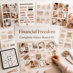 Könnte beinhalten: Ein Financial Freedom Complete Vision Board Kit mit mehreren Bögen selbstklebender Etiketten mit motivierenden Texten, dekorativen Rahmen und Fotocollagen, die Finanzplanung, Ersparnisse und professionelle Büroumgebungen darstellen.