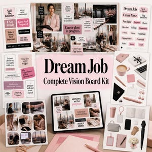 May include: A Dream Job Complete Vision Board Kit featuring multiple sheets of printed cards, stickers, and images in shades of pink, black, and white. The kit includes motivational text, office-themed photography, and stationery items.