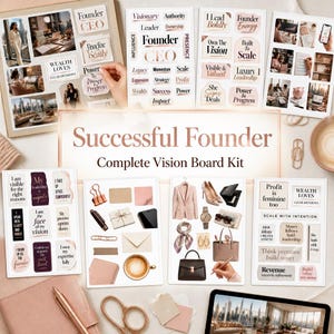 Op de afbeelding: Een Successful Founder Complete Vision Board Kit met meerdere stickervellen met motiverende teksten, kantoorafbeeldingen en modeaccessoires in neutrale tinten. Bevat zinnen zoals Founder CEO, I Lead Boldly en Wealth Loves Clear Decisions.