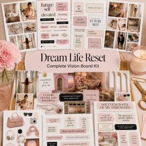Op de afbeelding: Een Dream Life Reset vision board kit met meerdere vellen bedrukte stickers, inspirerende citaten en esthetische lifestyle-afbeeldingen in roze, beige en witte tinten, inclusief een gouden schaar en een kaars.