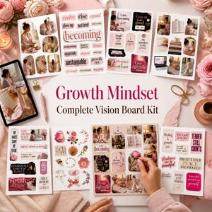 以下が含まれることがあります： Growth Mindset Complete Vision Board Kit。モチベーションを高めるテキスト、花のイラスト、ライフスタイル画像が描かれた複数のステッカーシートが含まれており、ピンク、クリーム、黒の色調で、タブレットやハサミと一緒に配置されています。