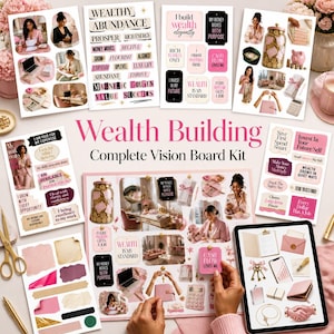 以下が含まれることがあります： Wealth Building Complete Vision Board Kit。モチベーションを高めるテキスト、プロフェッショナルな環境の画像、金融アイコン、ピンク、黒、ゴールドの色調の装飾要素が印刷された複数のステッカーシートが含まれており、目標設定に使用できます。