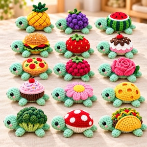 Turtle Crochet Pattern Bundle PDF, 15 in 1 Removable Shells, Food, Fruit & Flower Amigurumi, Strawberry, Mushroom, Cupcake, Dress Up Turtles