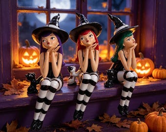 Halloween Witch Shelf Sitter with Black Cat, Cute Whimsical Figurine, Fall Mantel Decor, Striped Stocking Witch, Gift for Halloween Lover