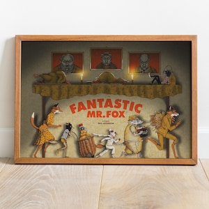 May include: A framed rectangular poster featuring the Fantastic Mr. Fox movie artwork. The illustration depicts anthropomorphic animals in motion below a table with food and portraits. The text reads Fantastic Mr. Fox, A Film By Wes Anderson.