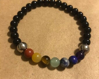 7 CHAKRA and Black Pearls | Anointed Semi Precious Stackable Gemstone Bracelet