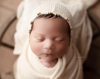 Long or extra long Knit alpaca wrap and knitted ties beaded bonnet Newborn photo prop preorder soothing photography wrap prop