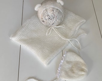 RTS white set Lace edge mohair bonnet , bear bonnet and knit delicate wrap set newborn photo prop baby girl boy