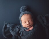 Newborn pom pom bonnet and matching chunky fluffy wrap Baby boy girl photo prop super soft and fuzzy off white yellow sea foam denim