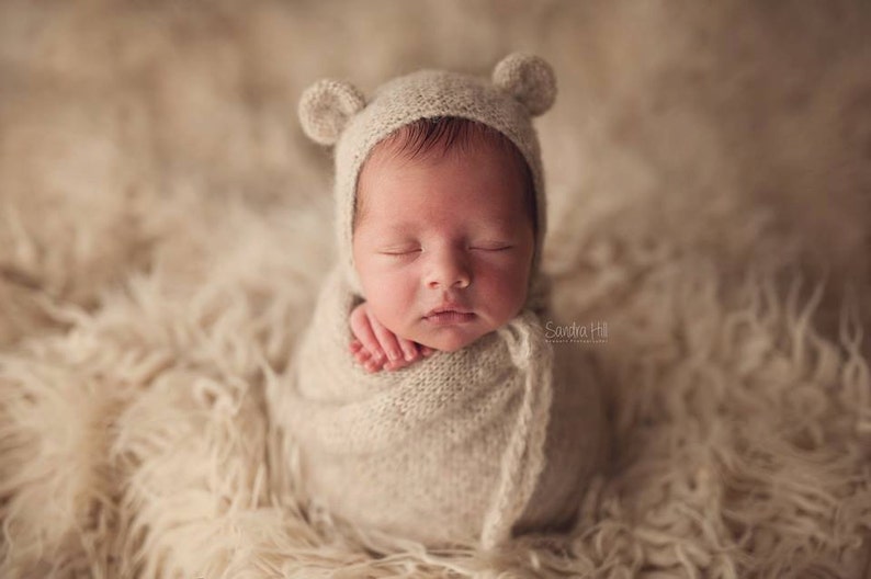 Knit alpaca wrap and bear bonnet set Newborn photo prop preorder UK seller long knit alpaca wrap newborn photography prop neutral textures image 8