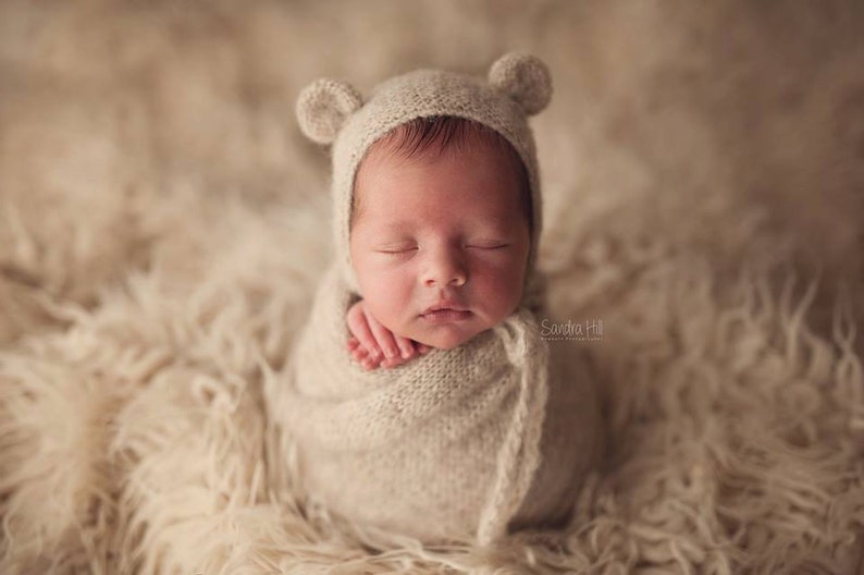 Knit alpaca bear bonnet and matching alpaca wrap Newborn photo prop preorder pastel muted colours UK seller Extra long photography wrap image 1