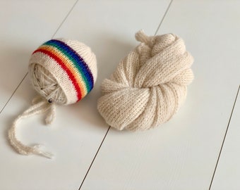 Rainbow baby knit bonnet and matching long wrap Newborn photo prop UK seller