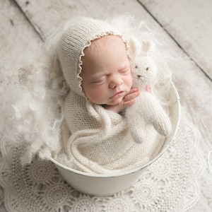 Lace edge NB bonnet alpaca with matching wrap Newborn Baby photography props knitted ties 55 colours to choose from