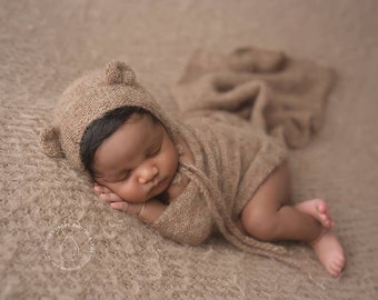 Knit alpaca wrap and bear bonnet set Newborn photo prop preorder UK seller long knit alpaca wrap newborn photography prop neutral textures